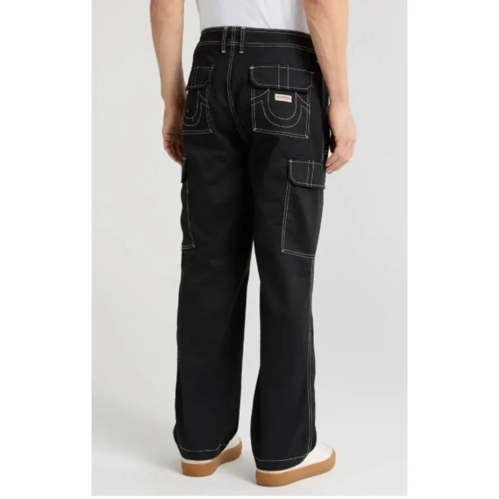 NWT True Religion Bobby Baggy Cargo Pants Mens 34 Black Contrast Stitch 700248